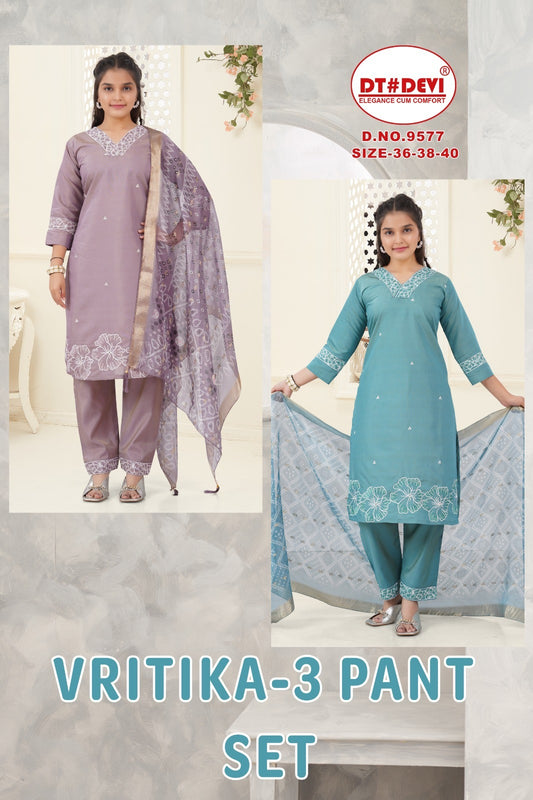 Vritika Vol 3 9577 Dt Devi Roman Simmer Girls Readymade Pant Suits Wholesale Price
