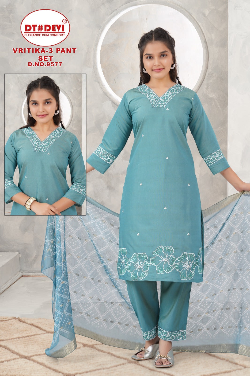 Vritika Vol 3 9577 Dt Devi Roman Simmer Girls Readymade Pant Suits Wholesale Price