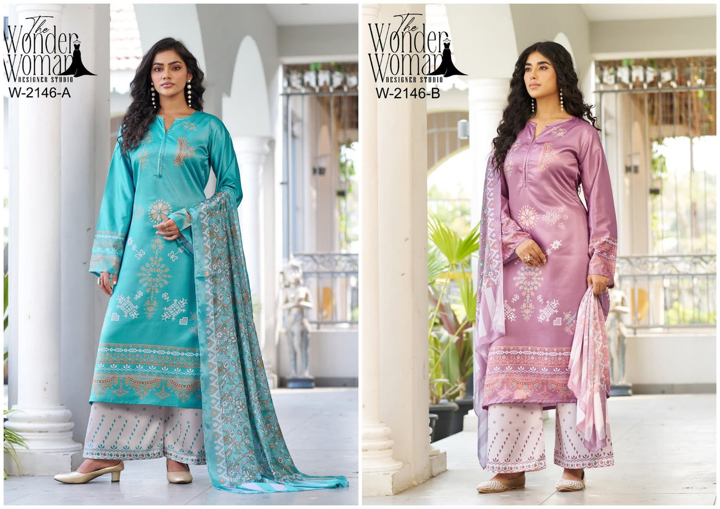 W-2146 Ab The Wonder Woman Satin Readymade Plazzo Style Suits Exporter