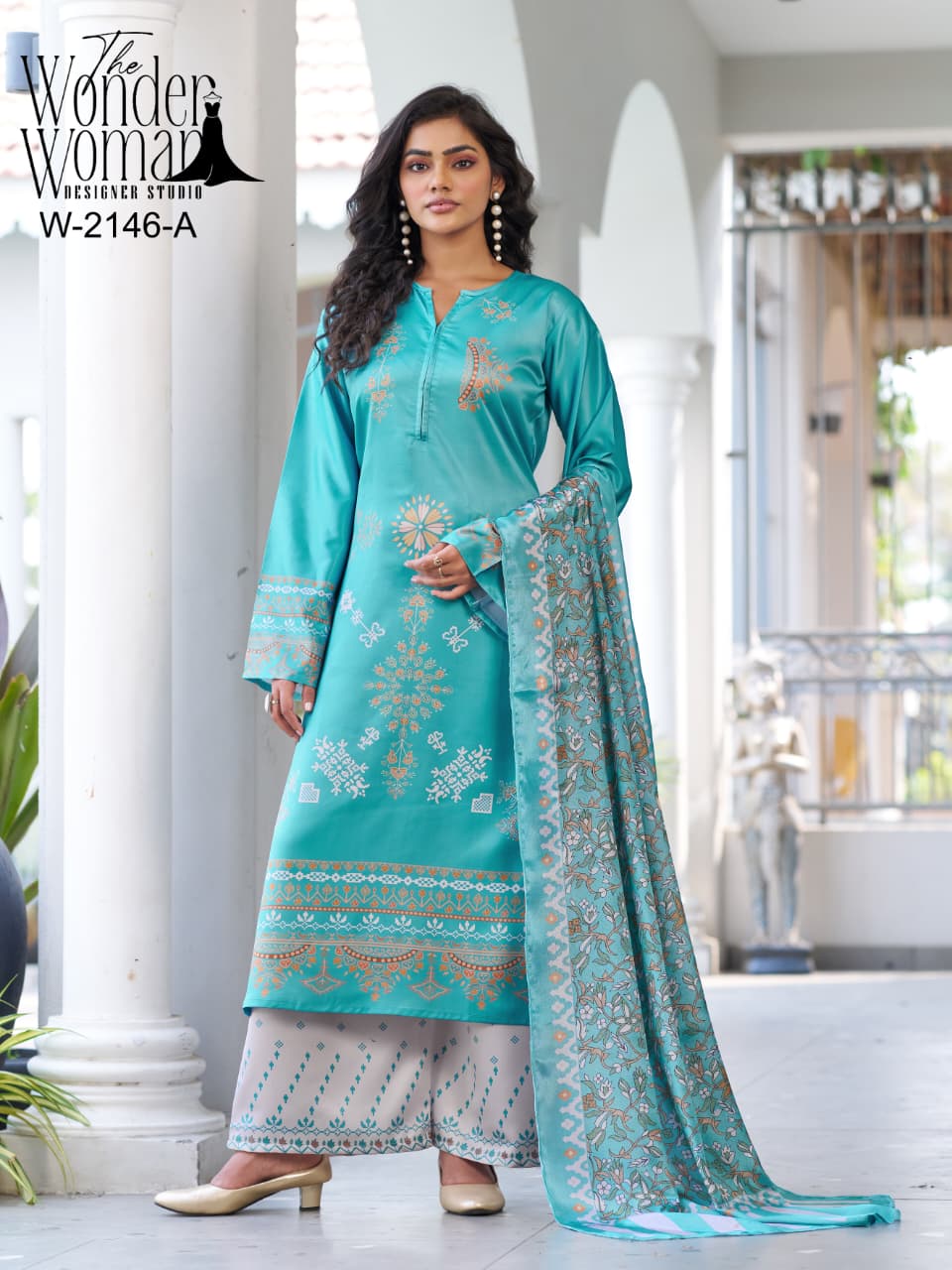 W-2146 Ab The Wonder Woman Satin Readymade Plazzo Style Suits Exporter