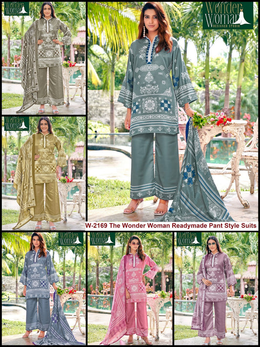 W-2169 The Wonder Woman Imported Satin Readymade Pant Style Suits Manufacturer Gujarat