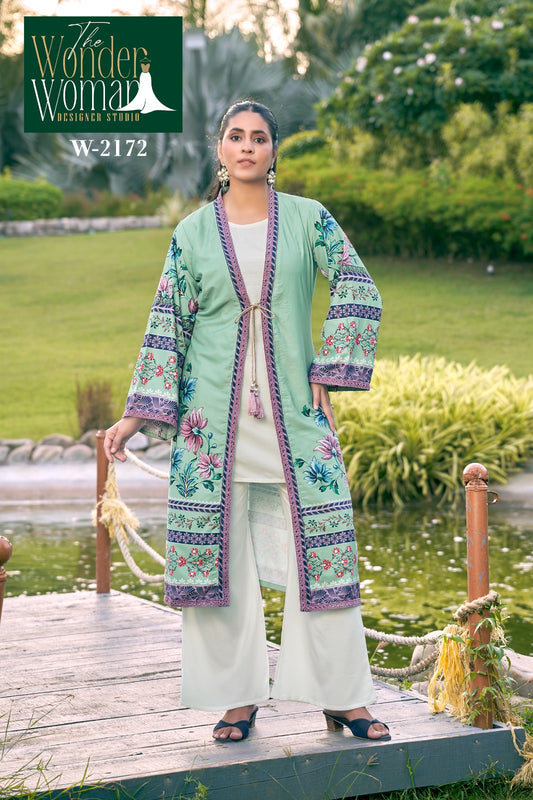 W-2172 The Wonder Woman Viscose Reyon Kurti Plazzo Shrug Set Exporter Gujarat