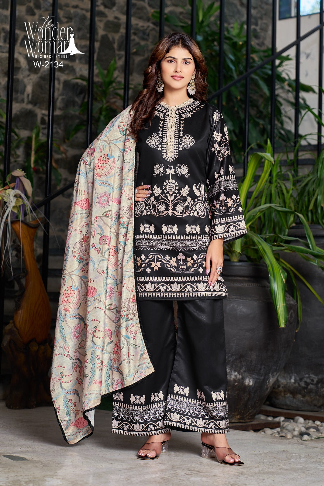 W 2134 Black The Wonder Woman Satin Readymade Plazzo Style Suits Exporter India