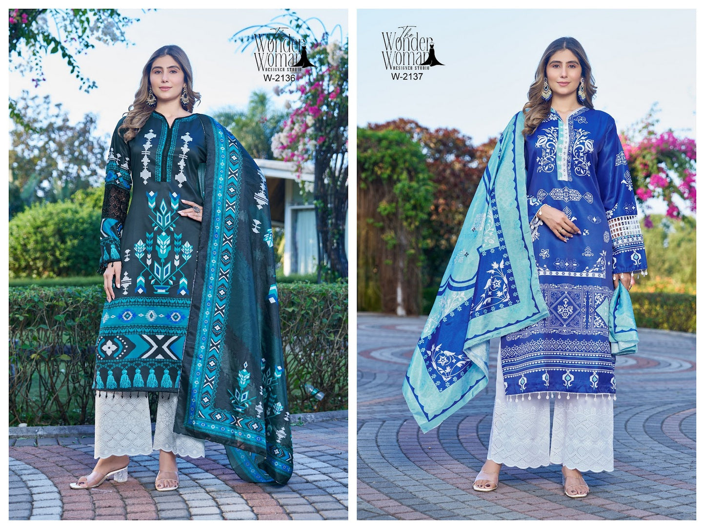 W 2136-2137 The Wonder Woman Cotton Satin Pakistani Readymade Suits Supplier India