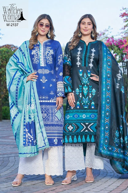 W 2136-2137 The Wonder Woman Cotton Satin Pakistani Readymade Suits Supplier India