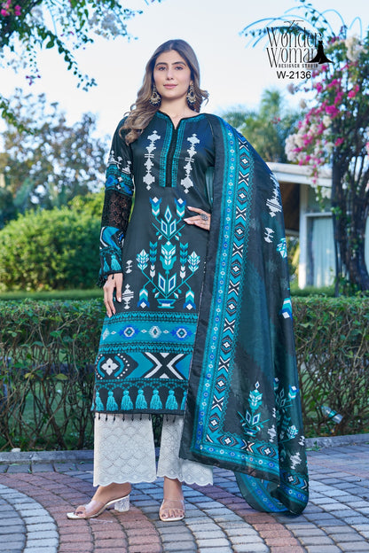 W 2136-2137 The Wonder Woman Cotton Satin Pakistani Readymade Suits Supplier India