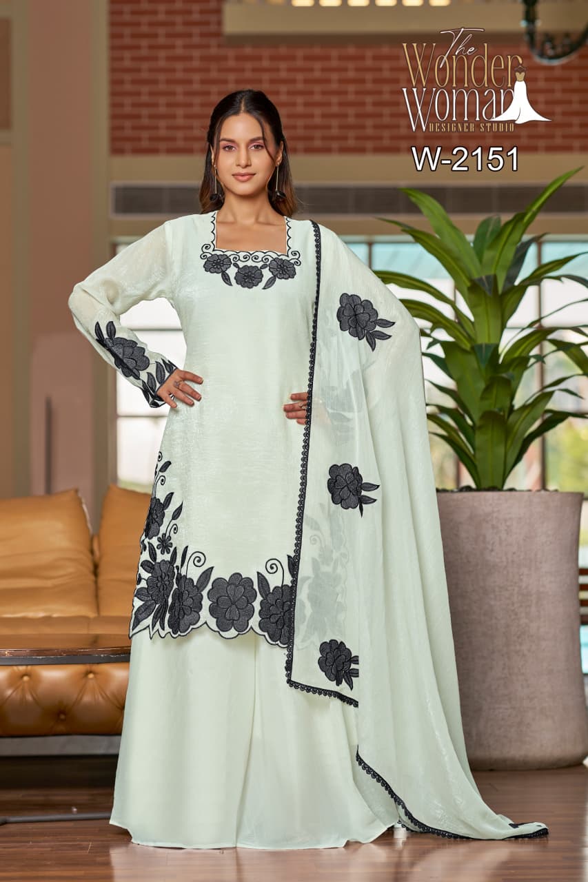 W 2151 The Wonder Woman Crunchy Readymade Plazzo Style Suits Wholesaler Gujarat