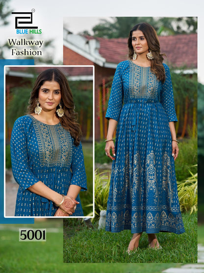 Walkway Fashion Blue Hills Rayon 14Kg Anarkali Kurtis Supplier Gujarat