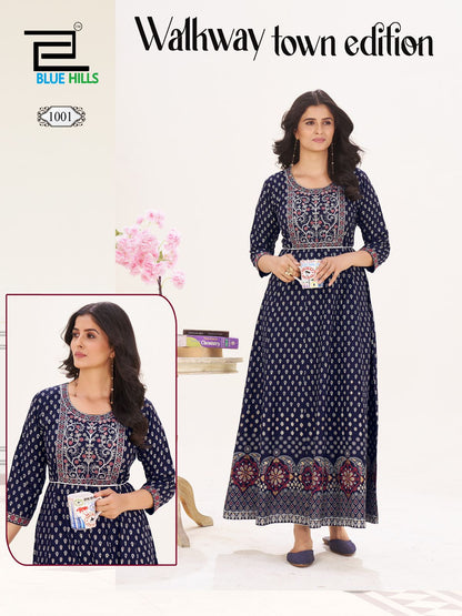 Walkway Town Edition Blue Hills Rayon 14Kg Anarkali Kurtis Supplier India
