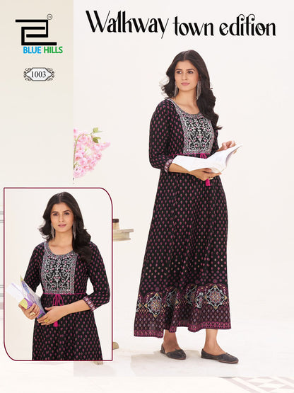 Walkway Town Edition Blue Hills Rayon 14Kg Anarkali Kurtis Supplier India