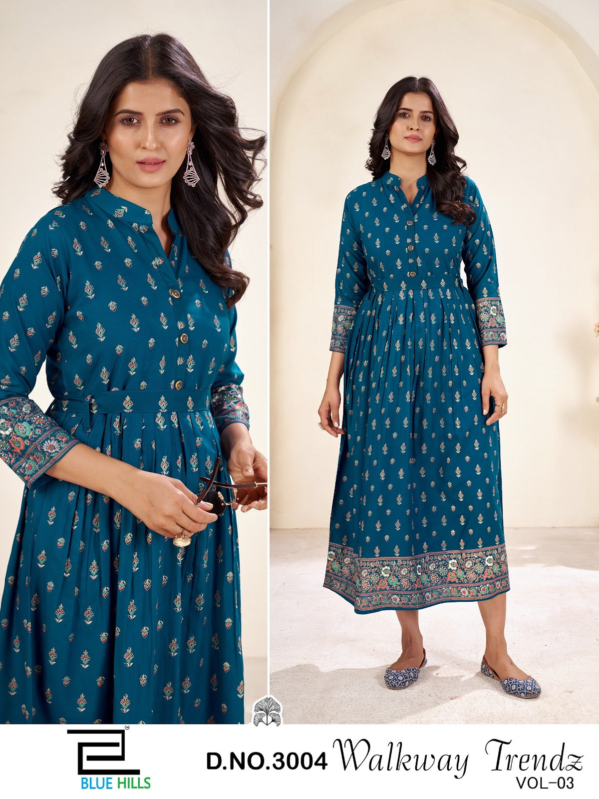 Walkway Trendz Vol 3 Anarkali Blue Hills Rayon 14Kg Long Kurtis Wholesaler Ahmedabad