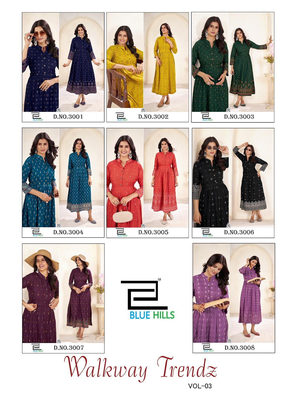 Walkway Trendz Vol 3 Anarkali Blue Hills Rayon 14Kg Long Kurtis Wholesaler Ahmedabad