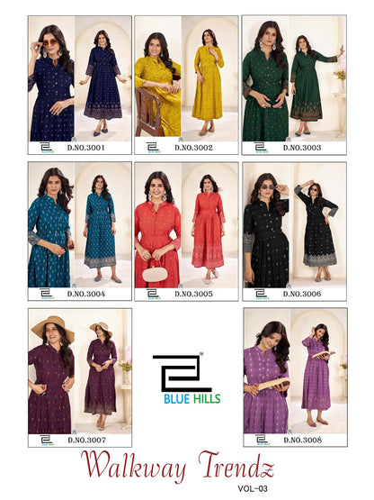 Walkway Trendz Vol 3 Anarkali Blue Hills Rayon 14Kg Long Kurtis Wholesaler Ahmedabad