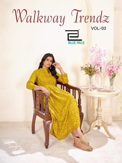 Walkway Trendz Vol 3 Anarkali Blue Hills Rayon 14Kg Long Kurtis Wholesaler Ahmedabad