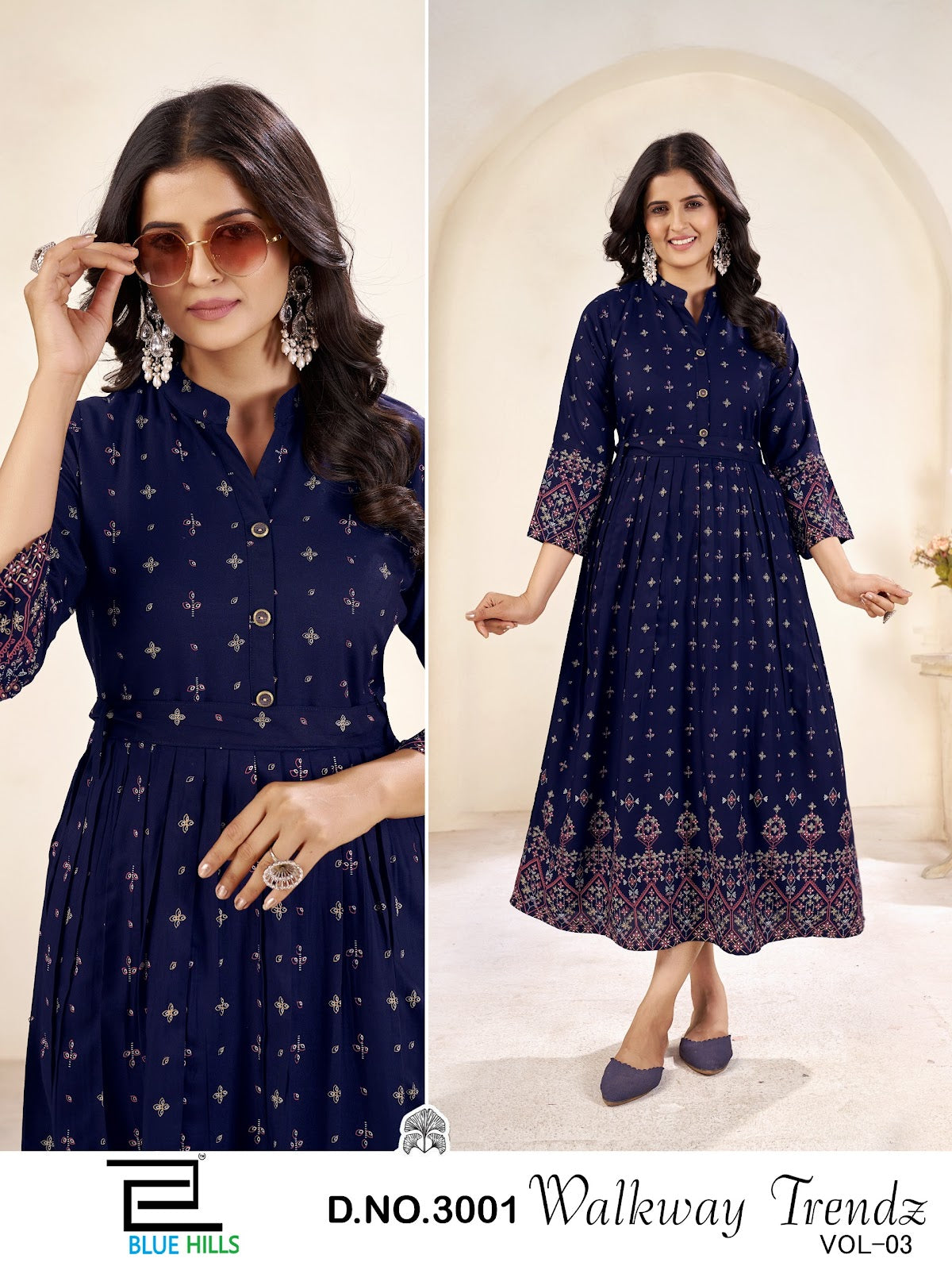 Walkway Trendz Vol 3 Anarkali Blue Hills Rayon 14Kg Long Kurtis Wholesaler Ahmedabad