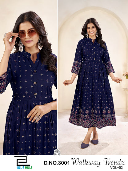 Walkway Trendz Vol 3 Anarkali Blue Hills Rayon 14Kg Long Kurtis Wholesaler Ahmedabad