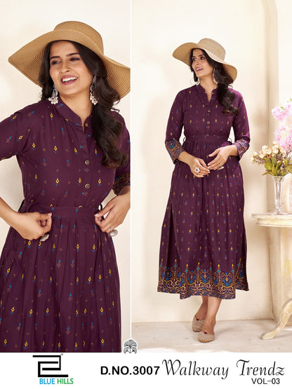 Walkway Trendz Vol 3 Anarkali Blue Hills Rayon 14Kg Long Kurtis Wholesaler Ahmedabad