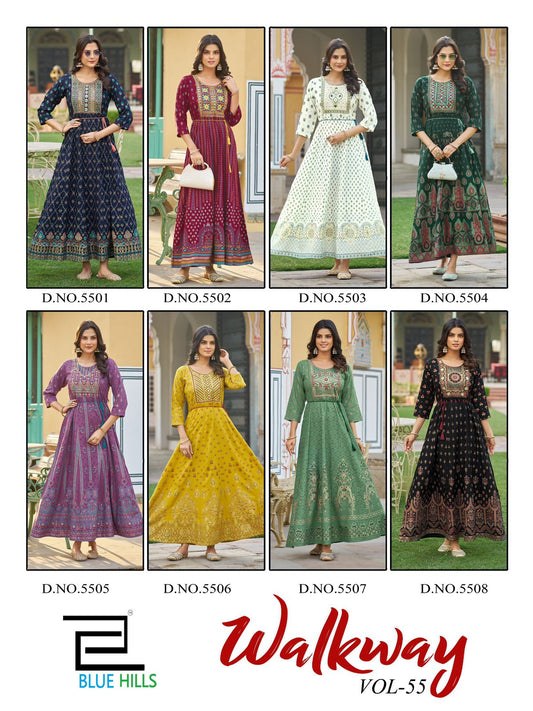 Walkway Vol 55 Blue Hills Rayon 14Kg Floor Length Kurtis Wholesale Rate