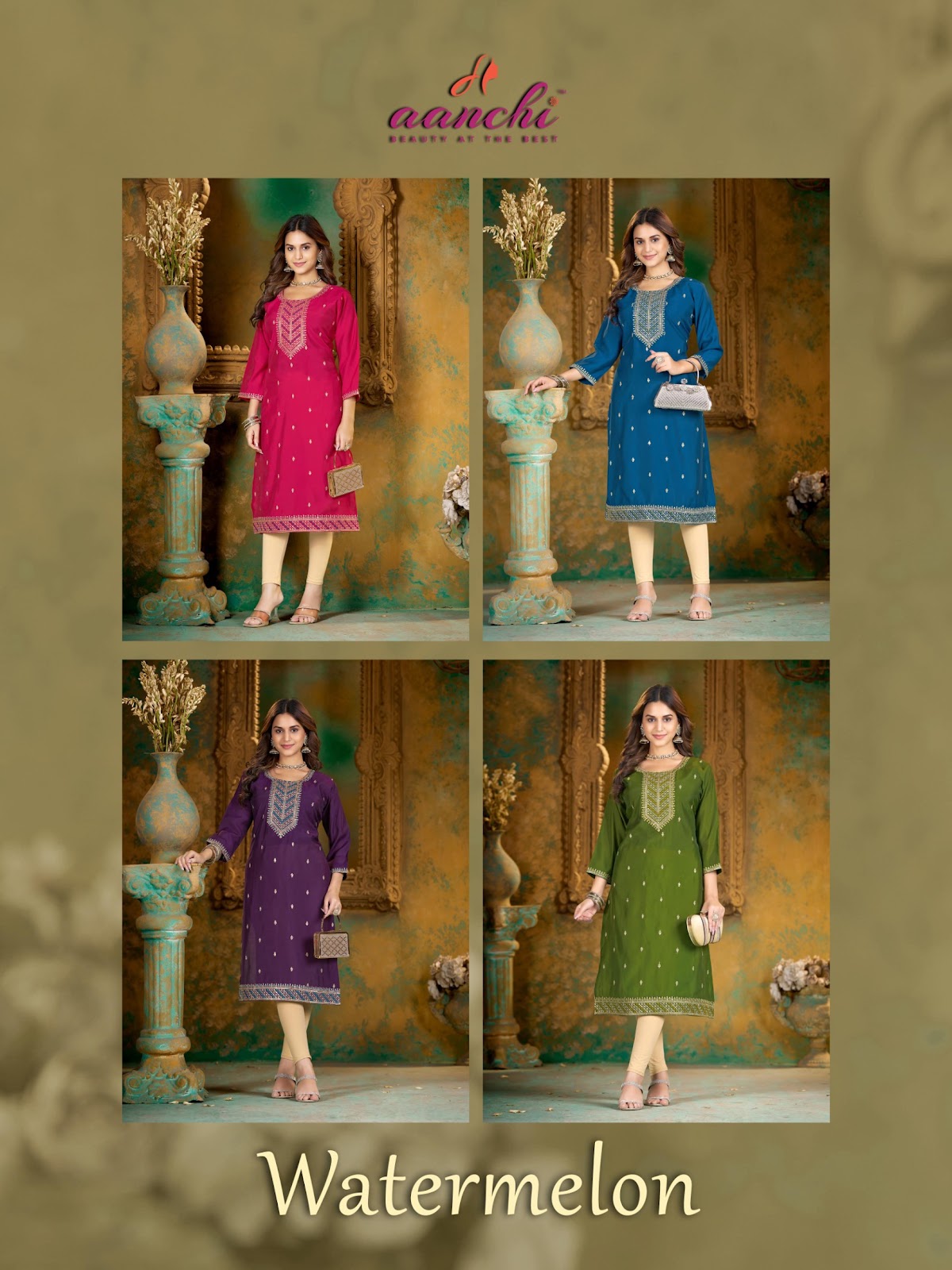 Watermelon Aanchi Roman Silk Knee Length Kurtis Wholesaler