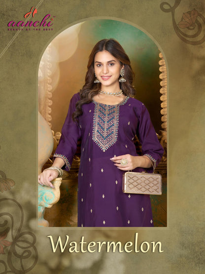 Watermelon Aanchi Roman Silk Knee Length Kurtis Wholesaler
