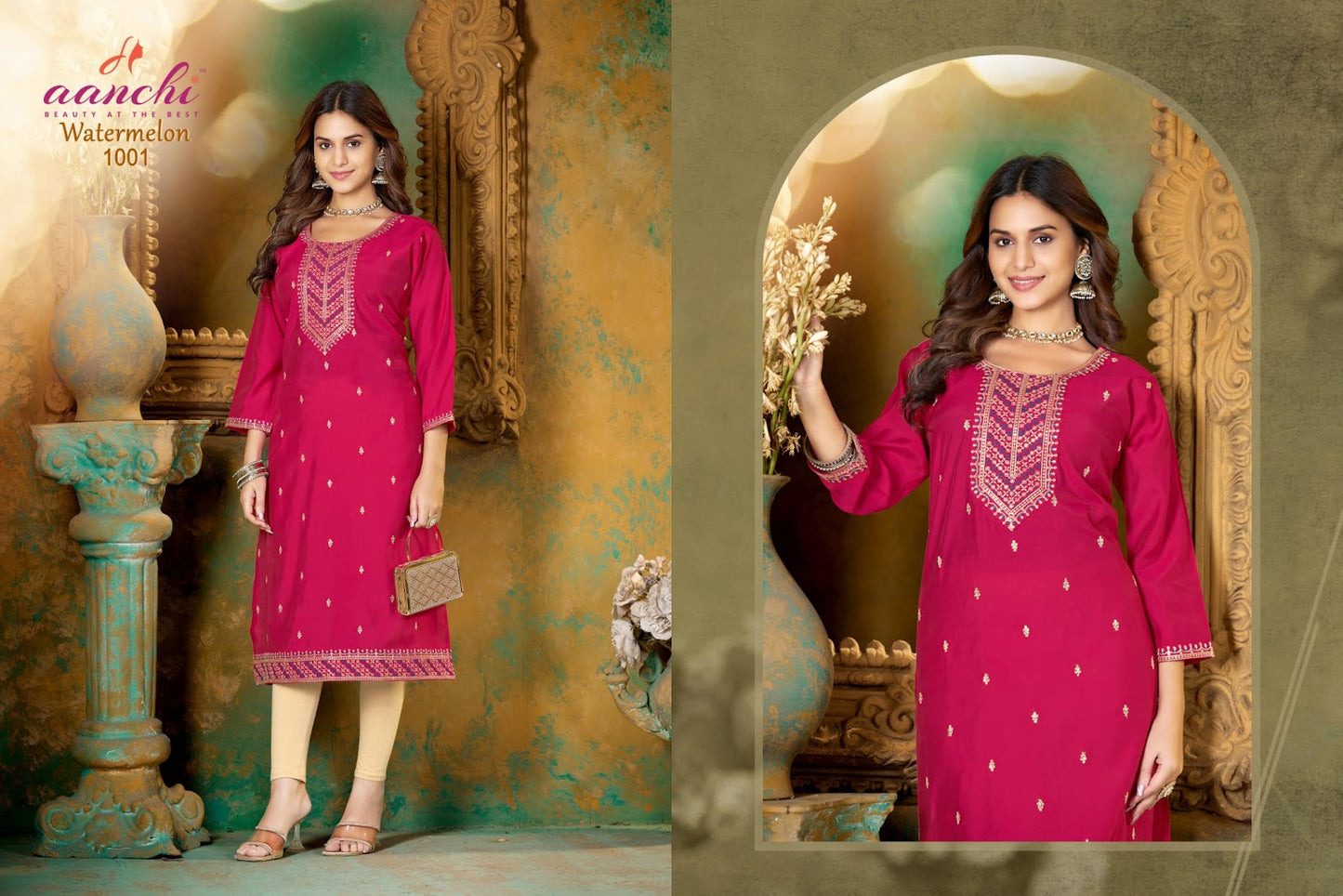 Watermelon Aanchi Roman Silk Knee Length Kurtis Wholesaler