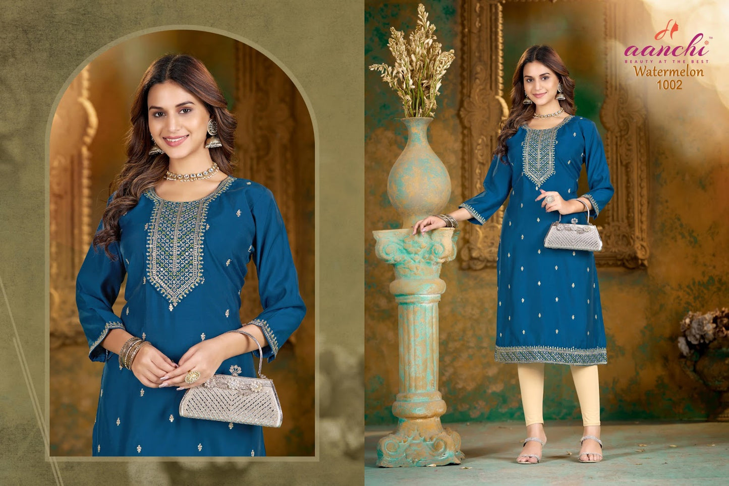 Watermelon Aanchi Roman Silk Knee Length Kurtis Wholesaler