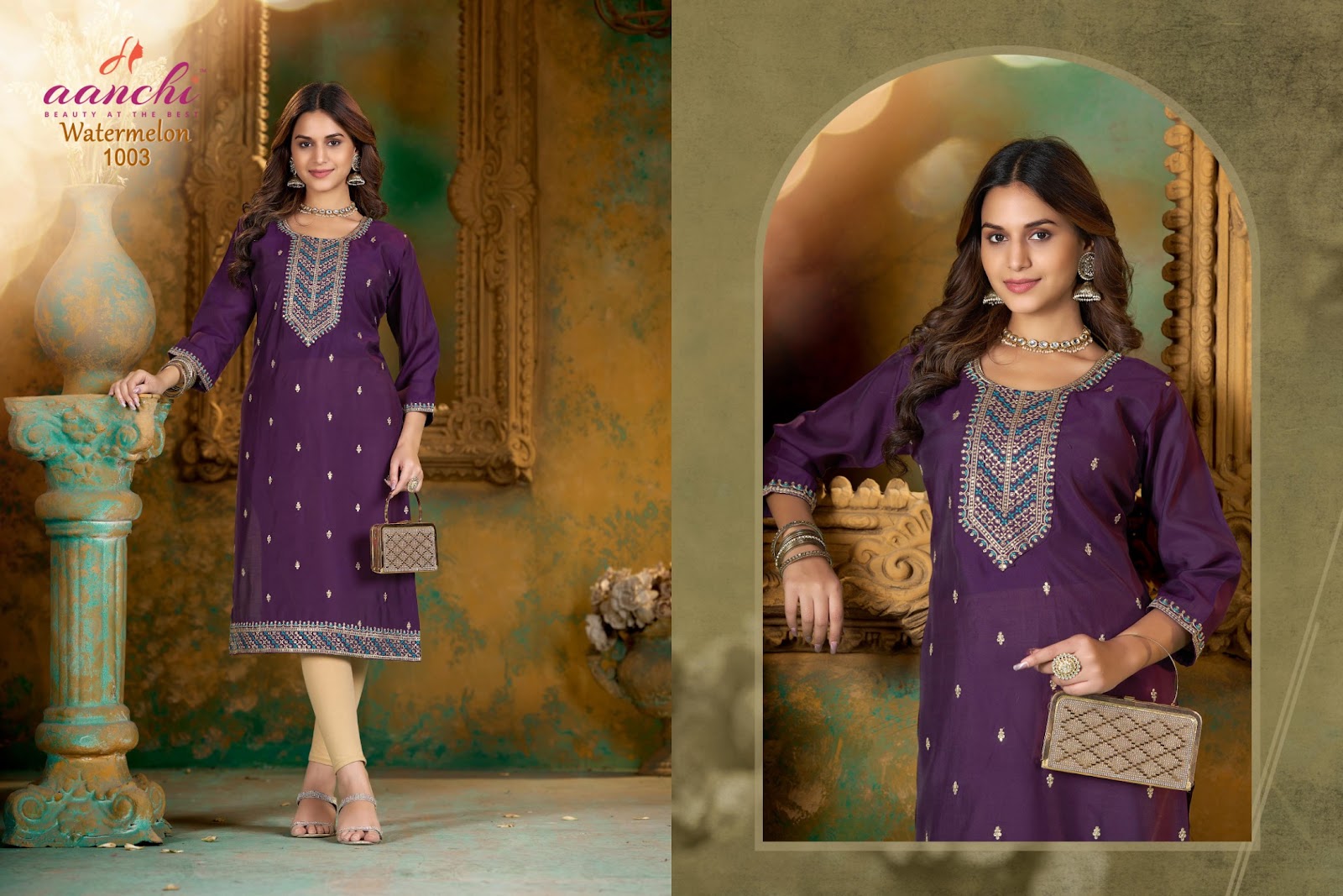 Watermelon Aanchi Roman Silk Knee Length Kurtis Wholesaler