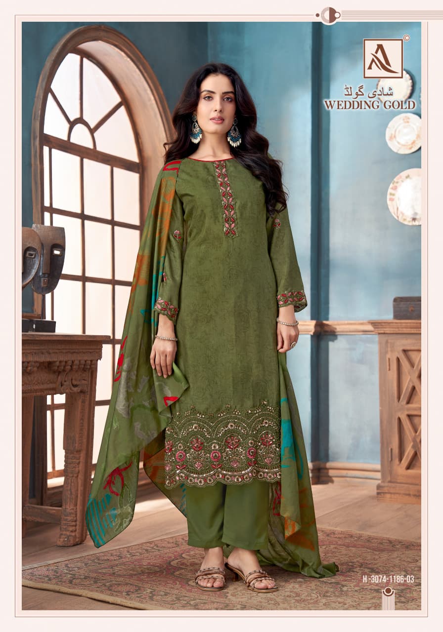 Wedding Gold Alok Viscose Maslin Karachi Salwar Suits Manufacturer India