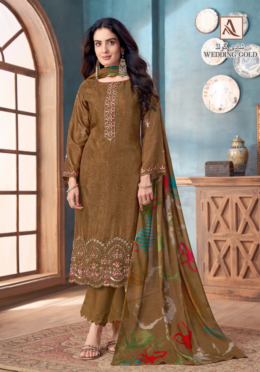 Wedding Gold Alok Viscose Maslin Karachi Salwar Suits Manufacturer India