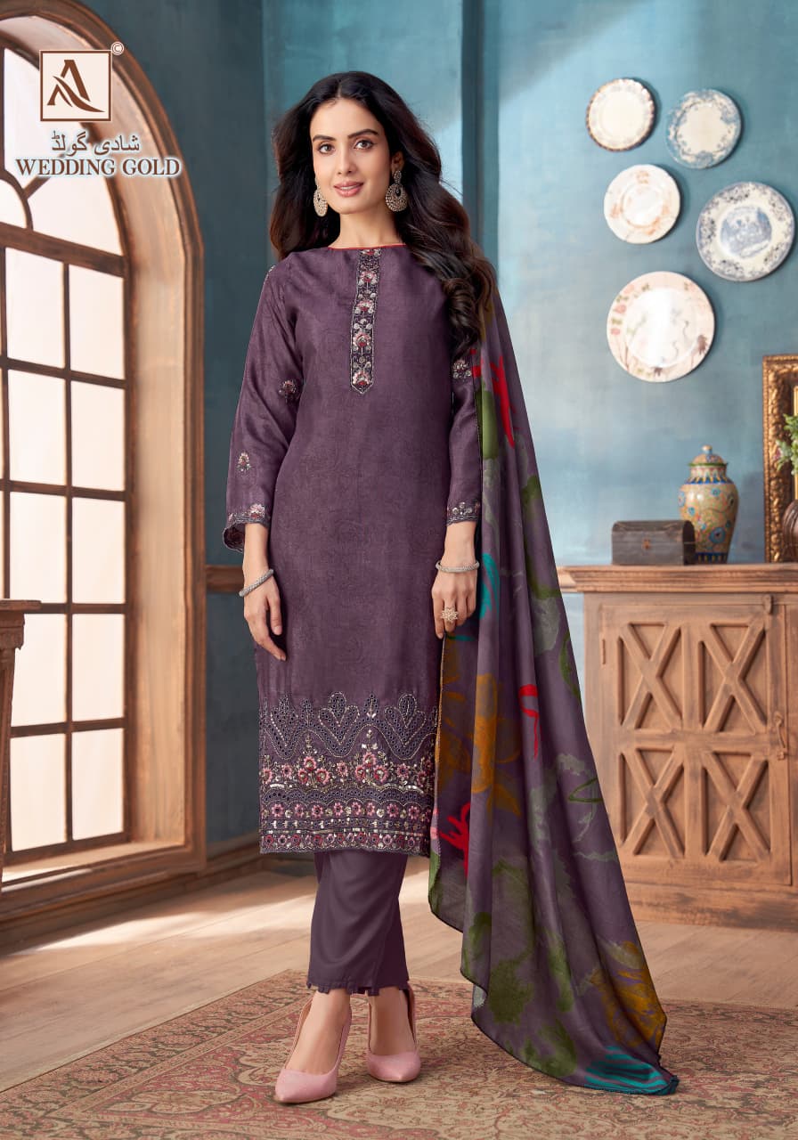 Wedding Gold Alok Viscose Maslin Karachi Salwar Suits Manufacturer India