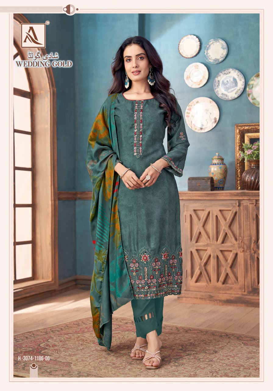 Wedding Gold Alok Viscose Maslin Karachi Salwar Suits Manufacturer India