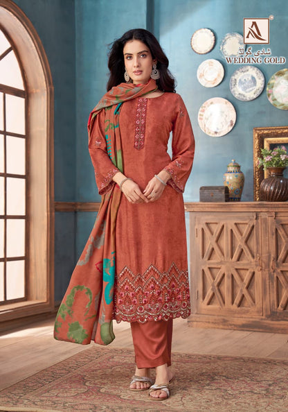 Wedding Gold Alok Viscose Maslin Karachi Salwar Suits Manufacturer India
