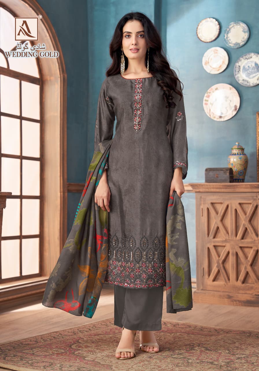 Wedding Gold Alok Viscose Maslin Karachi Salwar Suits Manufacturer India
