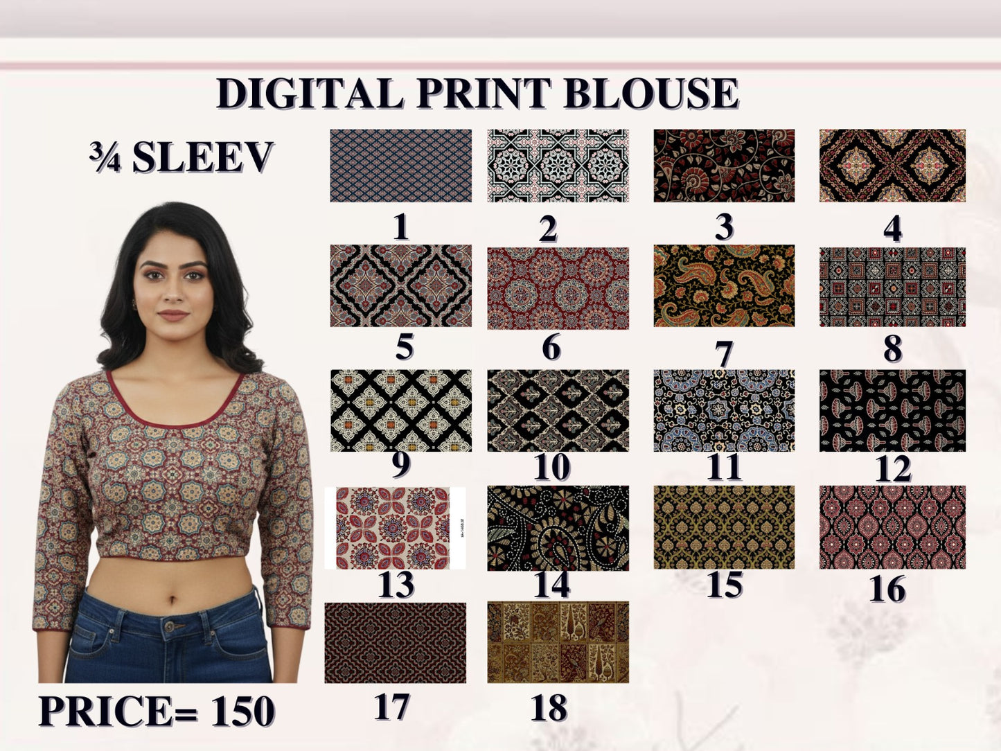 Three Fourth Sleeve Digital Print Jisha Blouse Exporter