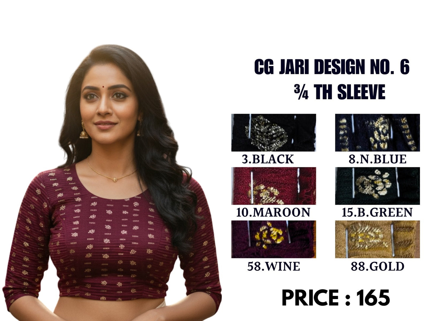 Cg Jari Design No. 6 Three Fourth Sleeve Jisha Blouse Exporter Gujarat