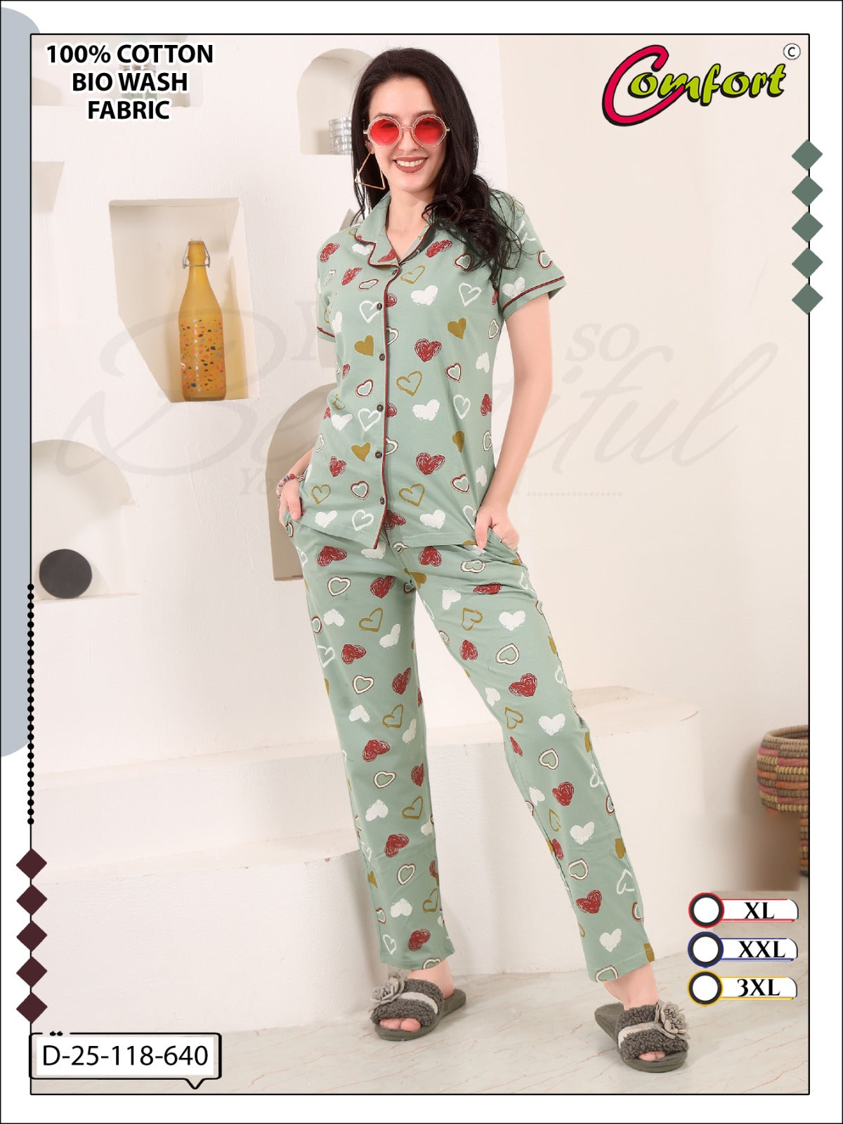Design 25-118 Comfort Cotton Biowashed Collar Night Suits Exporter Gujarat