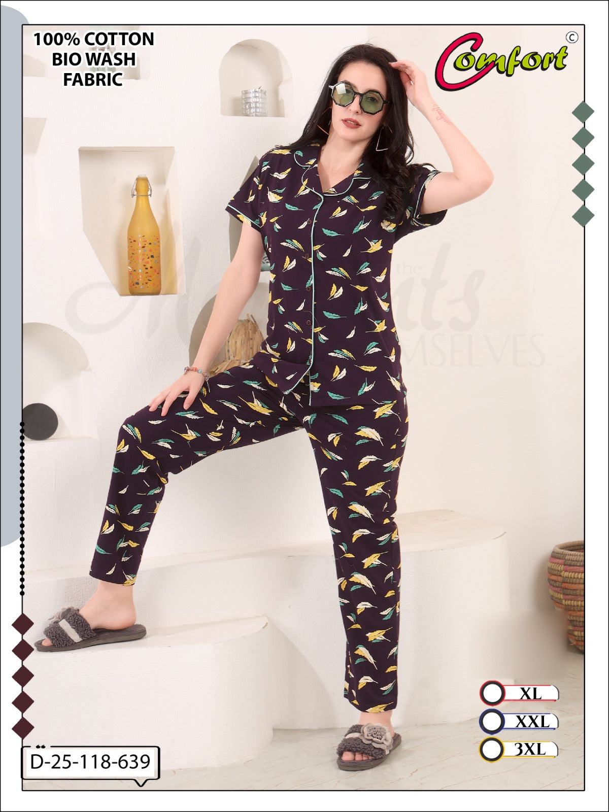 Design 25-118 Comfort Cotton Biowashed Collar Night Suits Exporter Gujarat