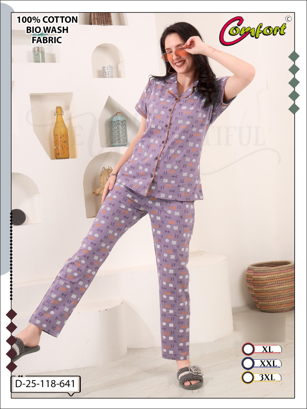 Design 25-118 Comfort Cotton Biowashed Collar Night Suits Exporter Gujarat