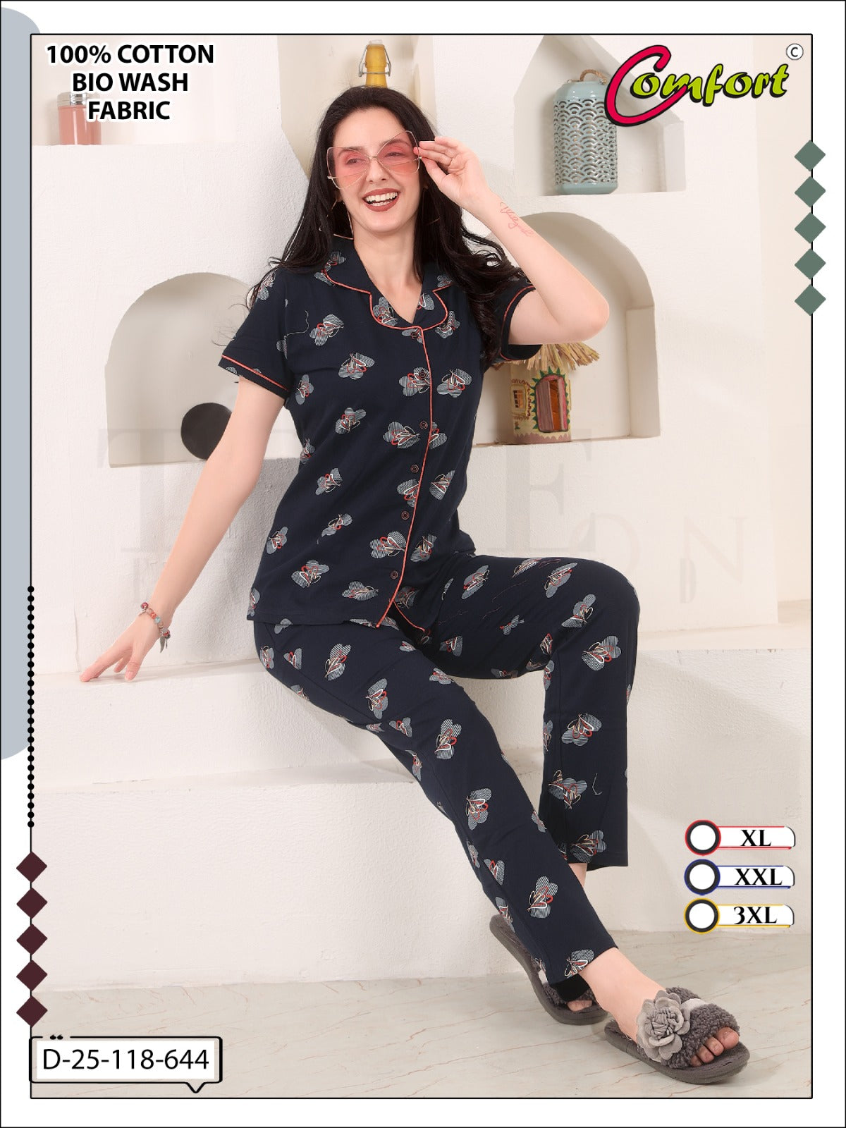 Design 25-118 Comfort Cotton Biowashed Collar Night Suits Exporter Gujarat
