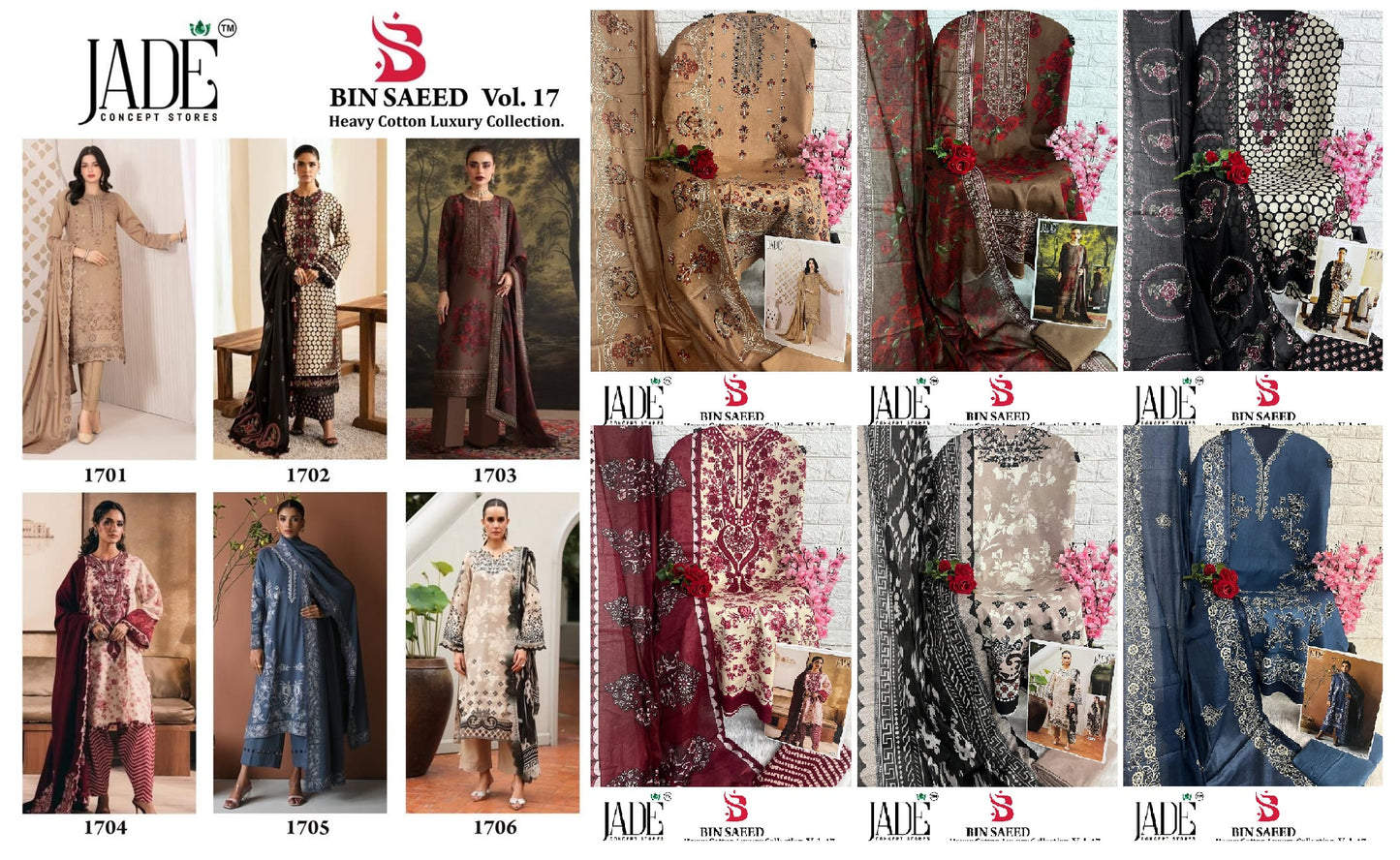 Bin Saeed Vol 17 Jade Lawn Cotton Open pic Karachi Salwar Suits Wholesaler India