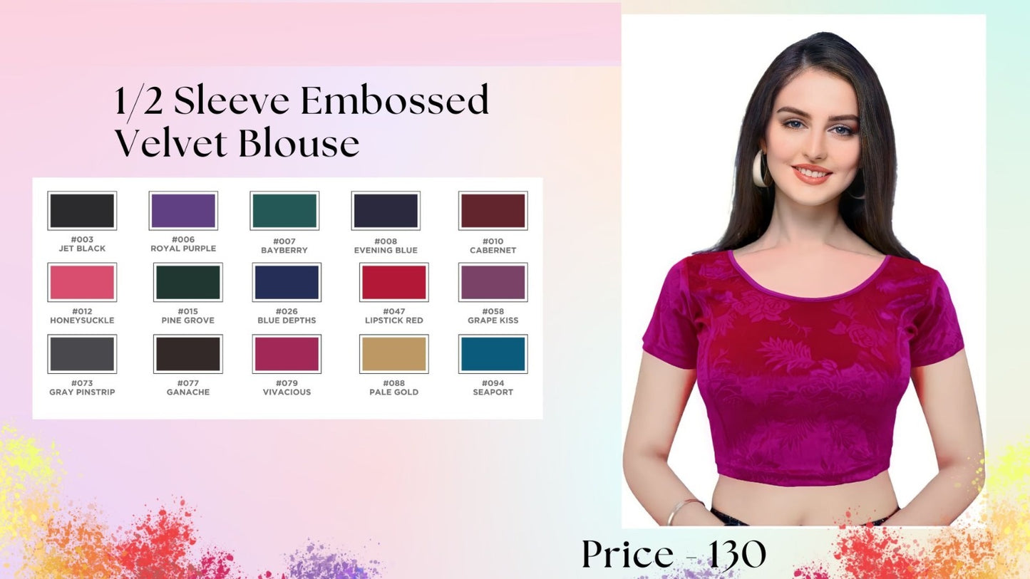 Half Sleeve Embossed Velvet Jisha Blouse Wholesaler Ahmedabad