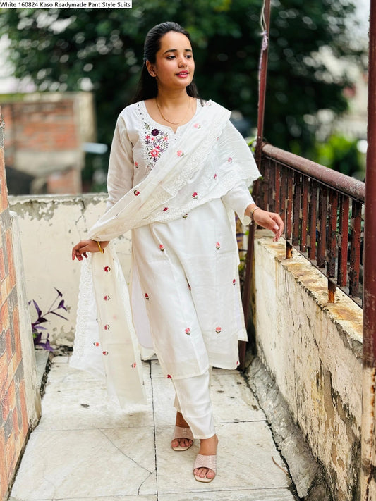 White 160824 Kaso Roman Silk Readymade Pant Style Suits Supplier