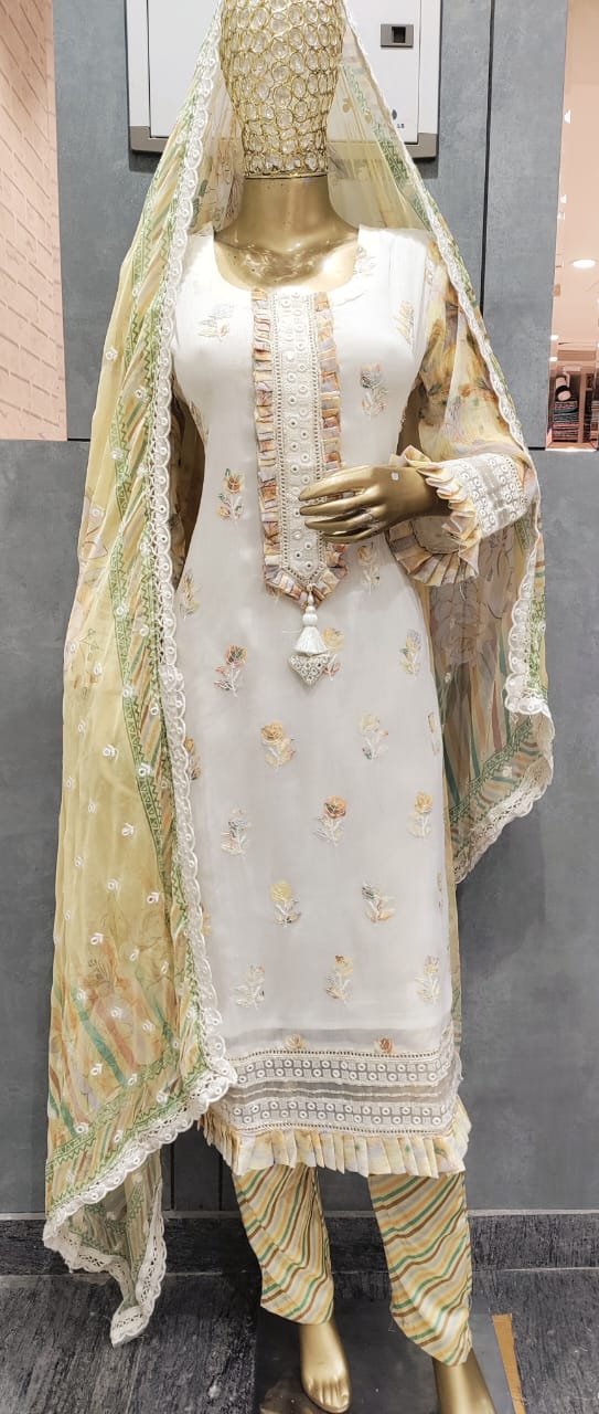 White Amba Chiffon Readymade Pant Style Suits Manufacturer India