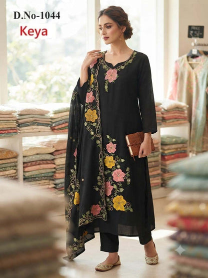 White And Black 2908 Keya Chanderi Readymade Pant Style Suits Exporter Gujarat