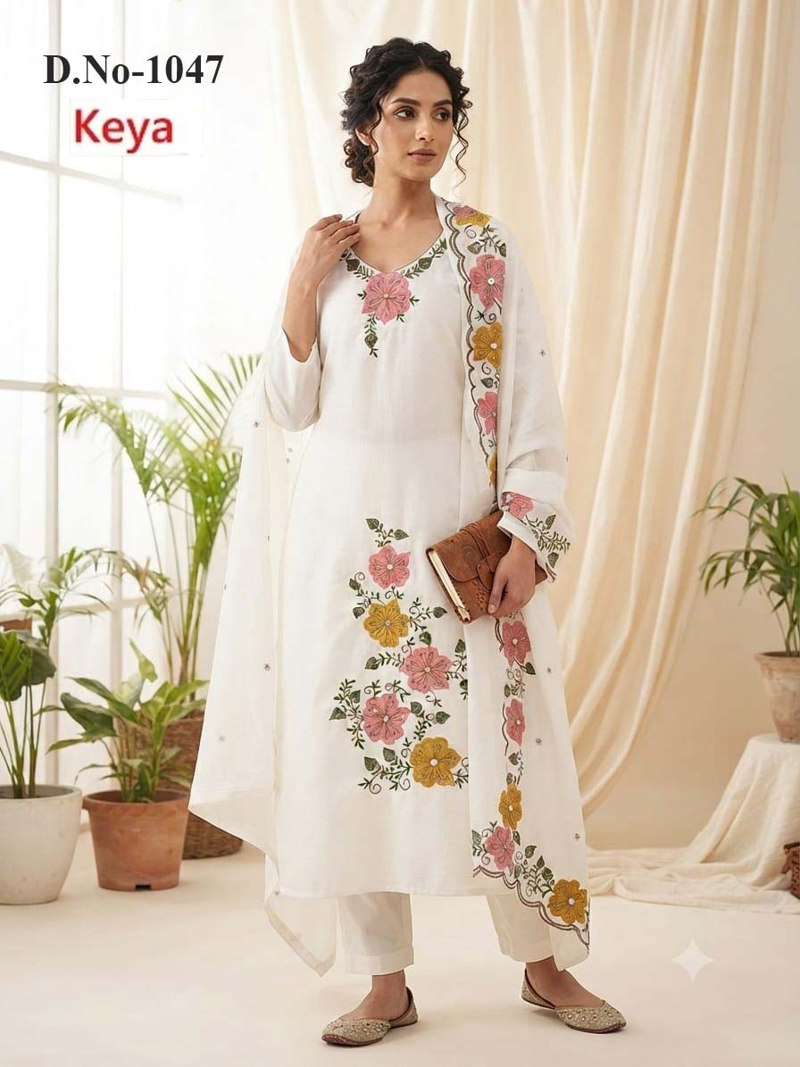 White And Black 2908 Keya Chanderi Readymade Pant Style Suits Exporter Gujarat