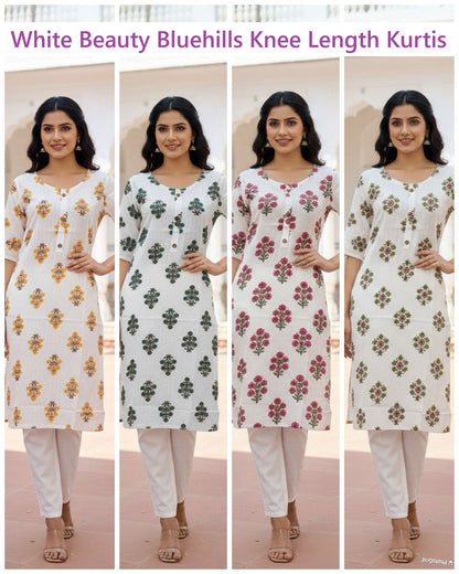 White Beauty Bluehills Rayon Knee Length Kurtis Exporter Gujarat