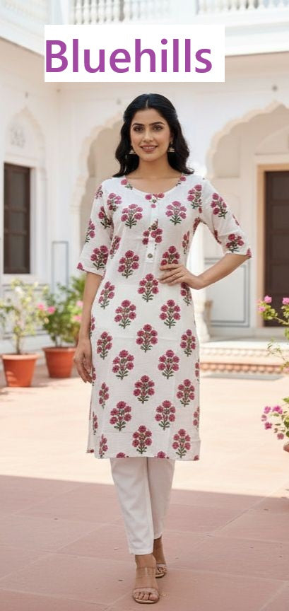 White Beauty Bluehills Rayon Knee Length Kurtis Exporter Gujarat