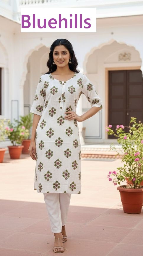 White Beauty Bluehills Rayon Knee Length Kurtis Exporter Gujarat