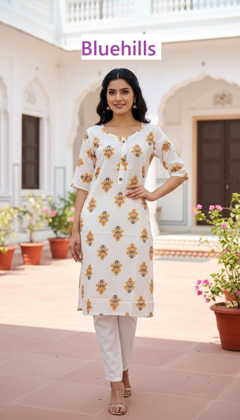 White Beauty Bluehills Rayon Knee Length Kurtis Exporter Gujarat