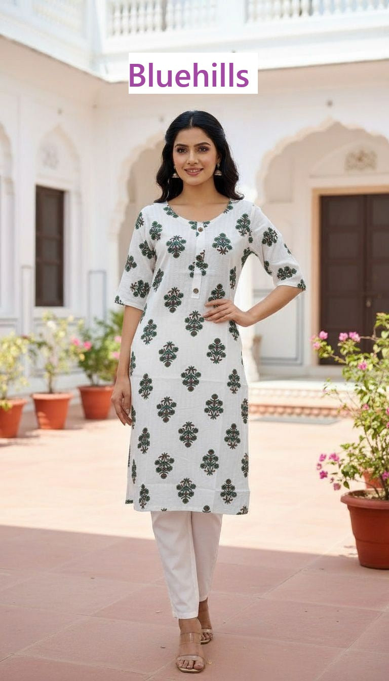 White Beauty Bluehills Rayon Knee Length Kurtis Exporter Gujarat